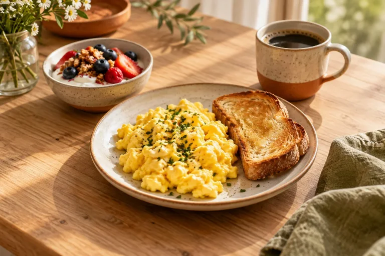 Scrambled eggs and toast with berry yogurt and coffee