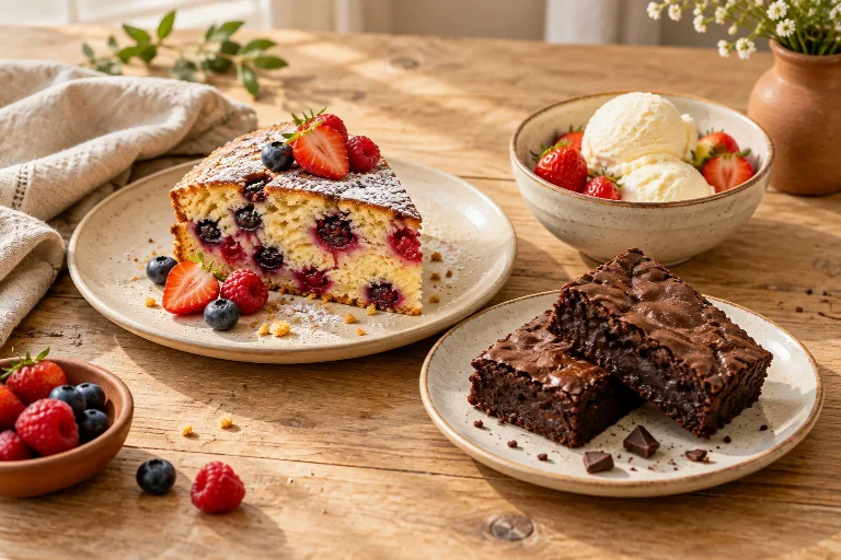 Berry cake, chocolate brownies and vanilla ice cream
