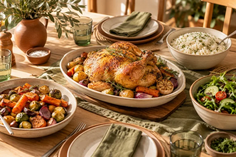 Roast chicken with vegetables, rice and green salad