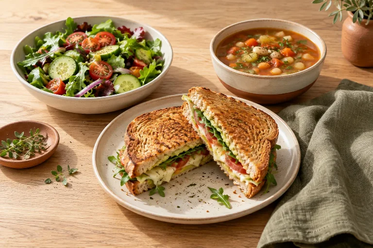 Toasted sandwich with fresh salad and vegetable soup