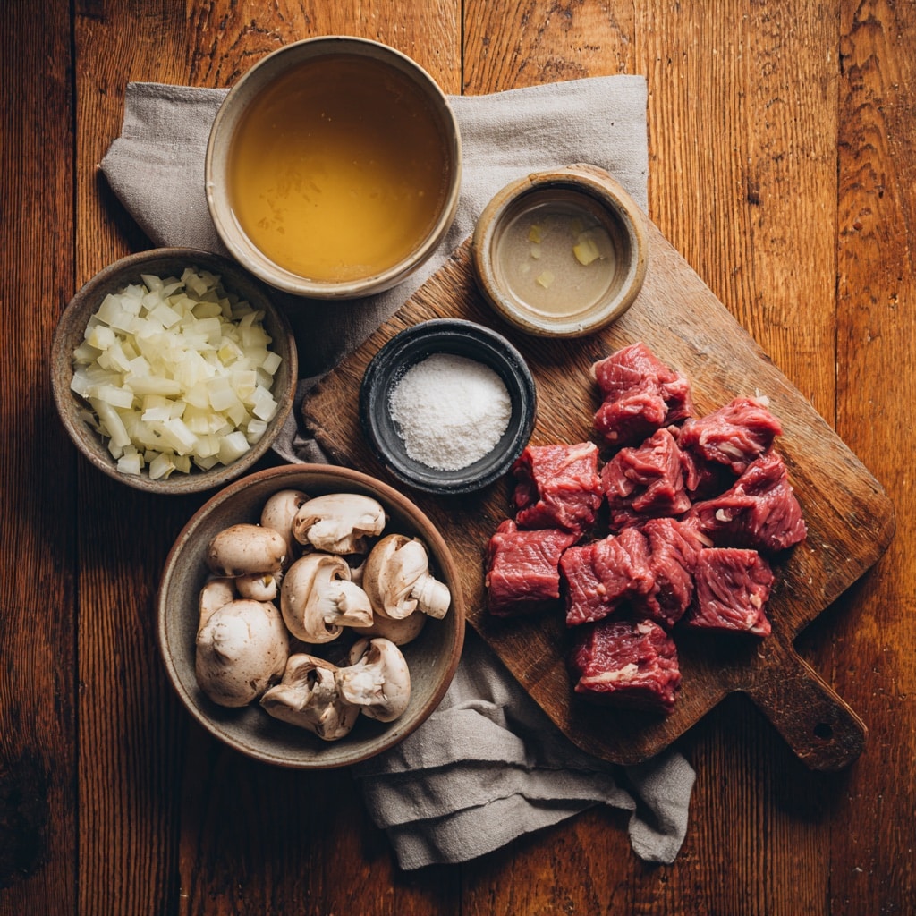 Ingredients for slow cooker beef tips with mushrooms, onion and broth
