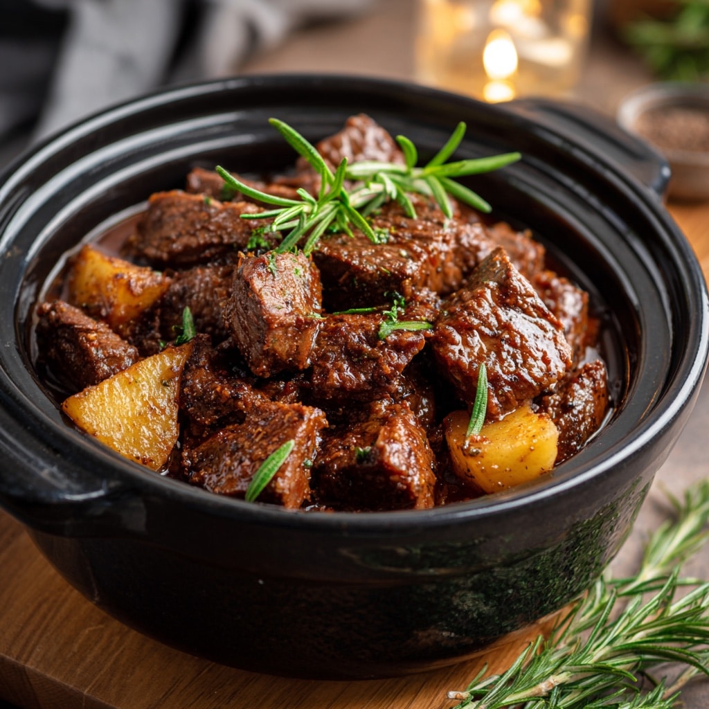 Beef tips in crock pot recipe with gravy in a serving dish