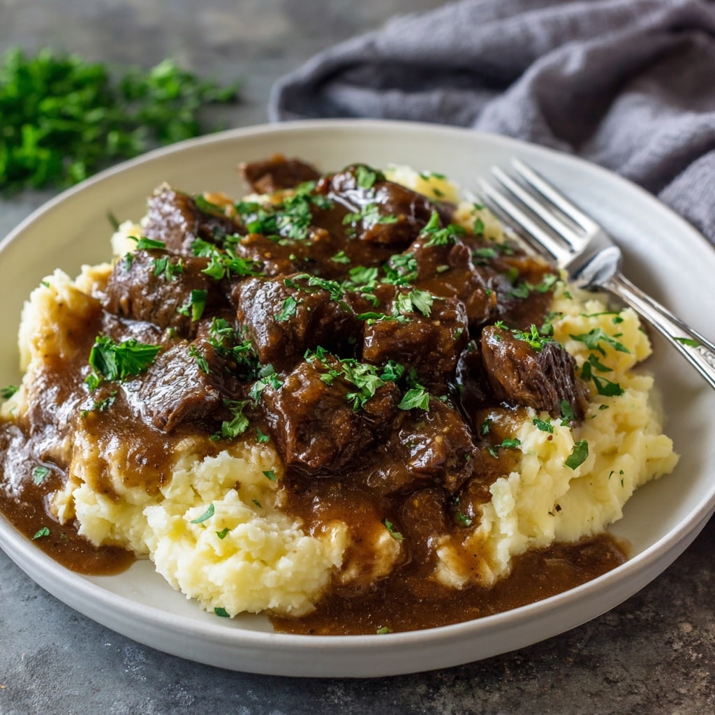 Slow cooker beef tips served with gravy and mashed potatoes