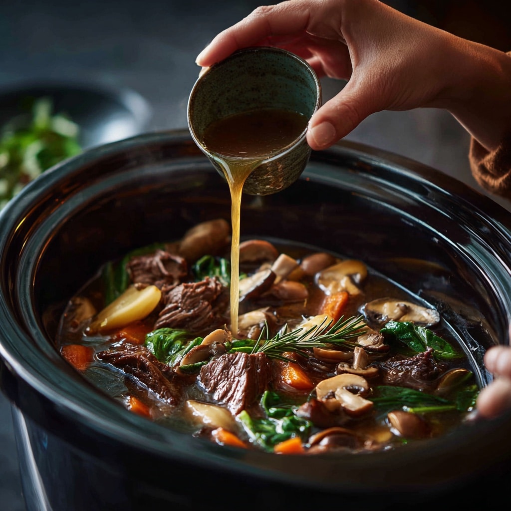 Beef cubes and vegetables in a slow cooker before cooking