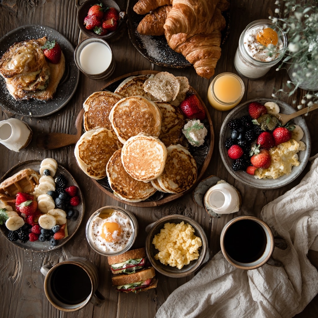 Delicious homemade breakfast dishes on a rustic morning table