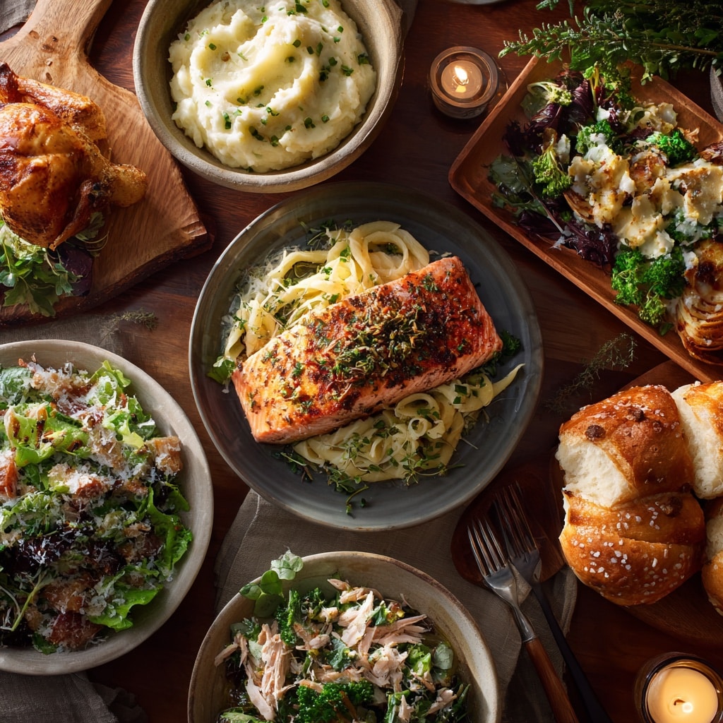 Dinner table filled with comforting family-style meals