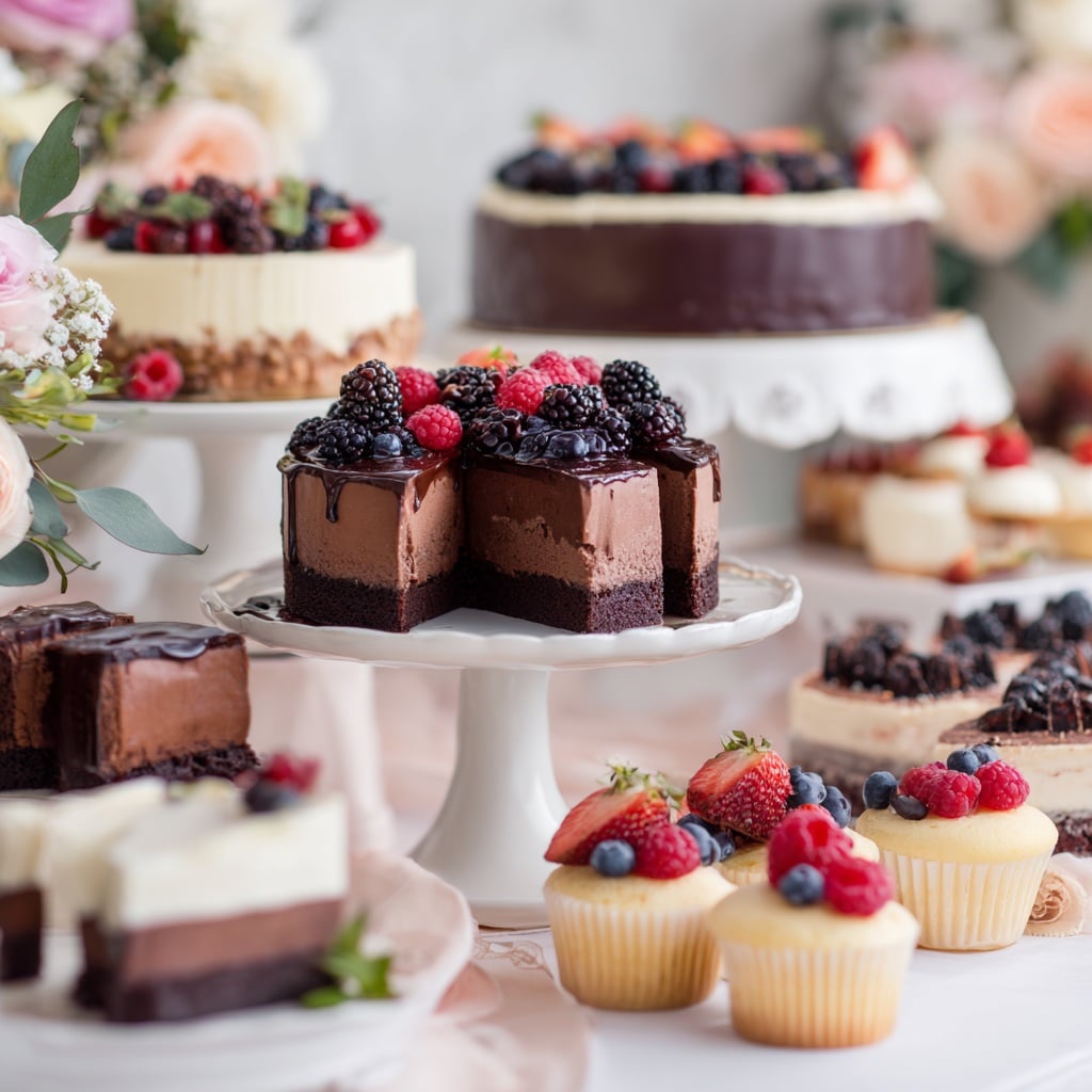 A variety of colorful desserts arranged beautifully on a white table