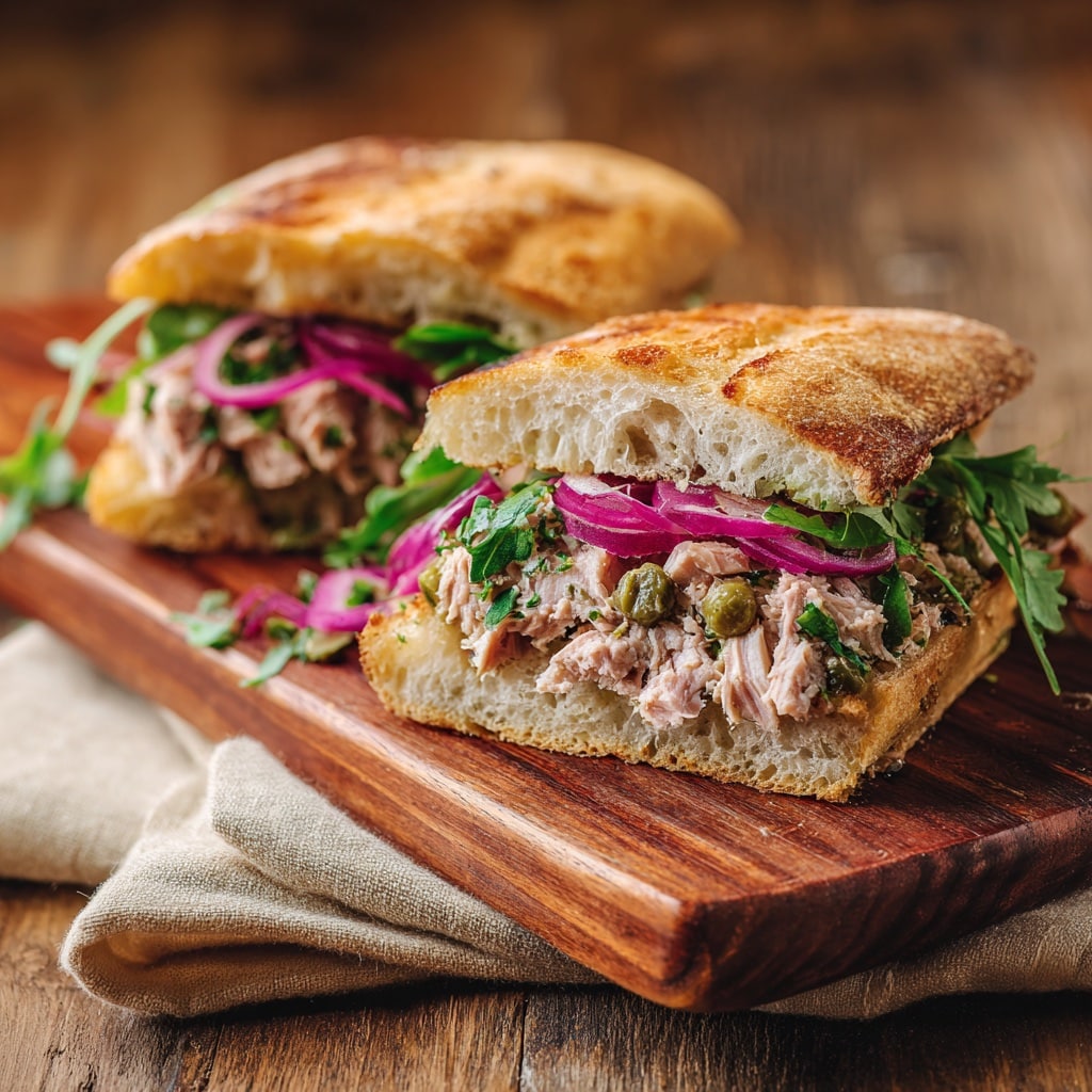 Buona Beef Tuna Genovese copycat sandwich on ciabatta