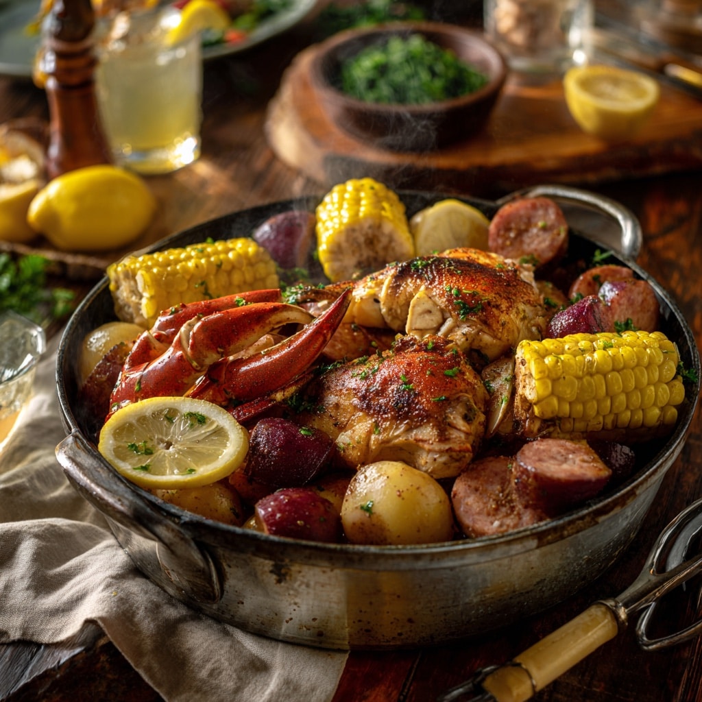 chicken boil juicy crab dinner on table