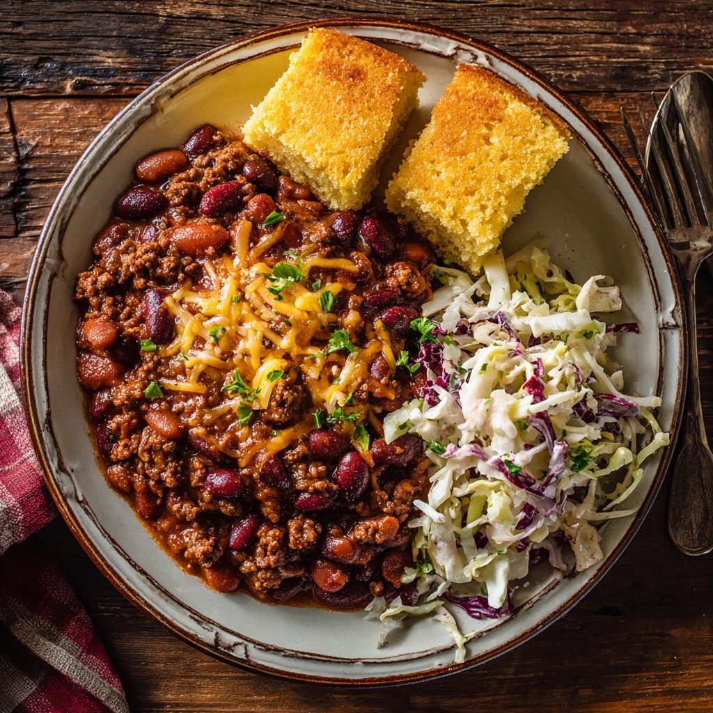 Homestyle baked beans with ground beef and cornbread on a plate
