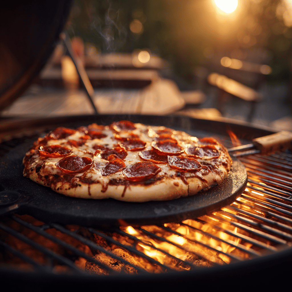 Pizza on BBQ grill with stone cooking outdoors