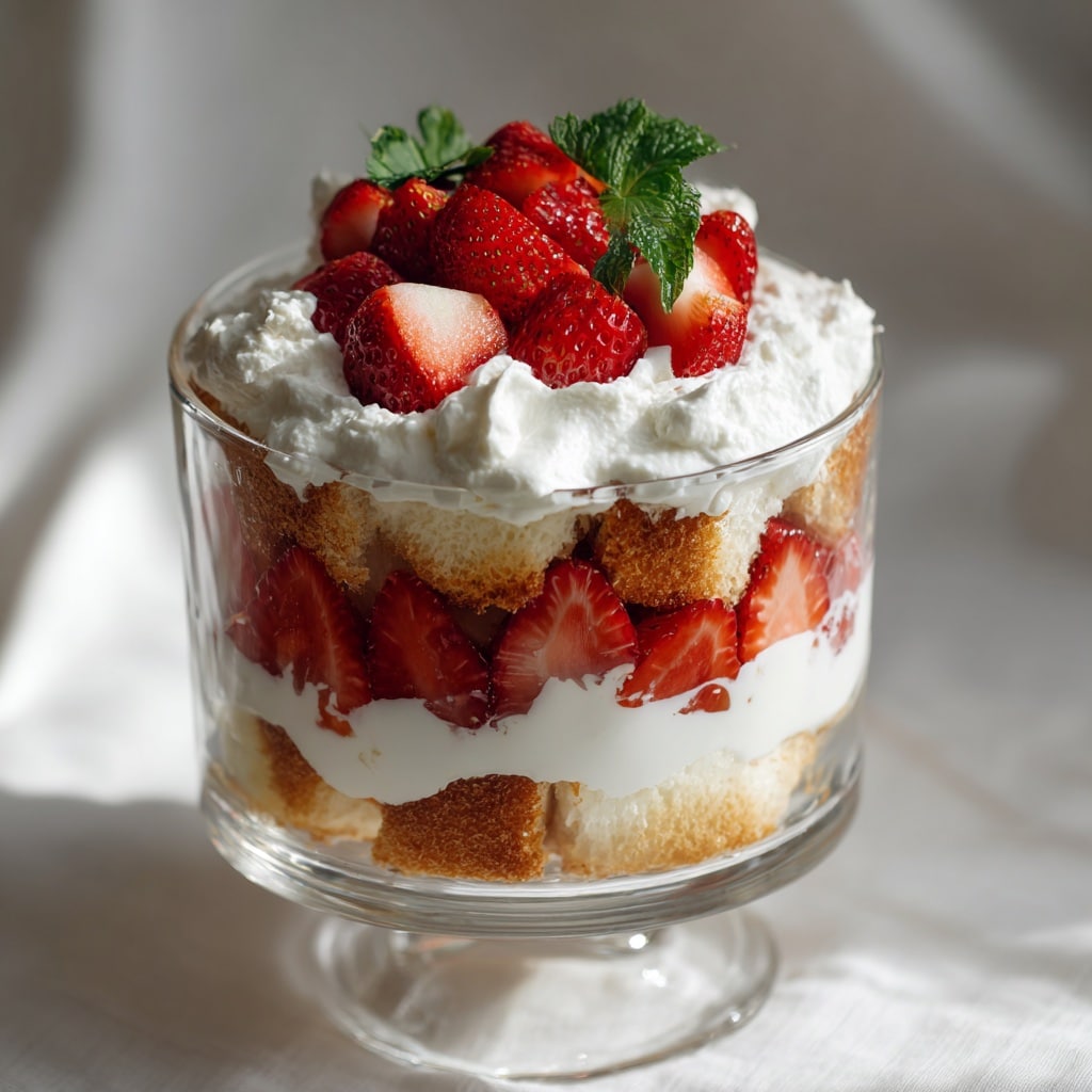 Recipe card for strawberry angel cake dessert surrounded by ingredients on a rustic counter