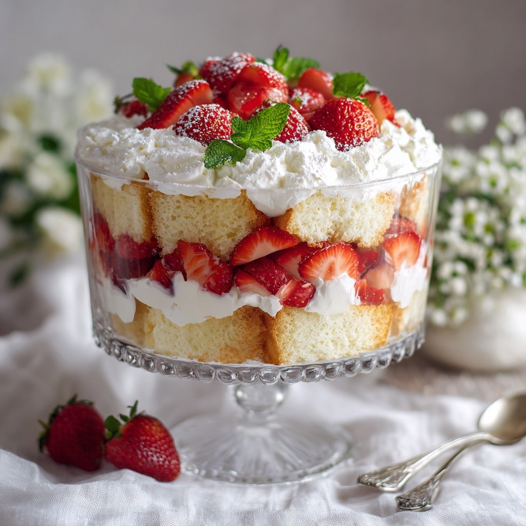 Layered strawberry angel cake dessert in a glass trifle bowl, top-down view