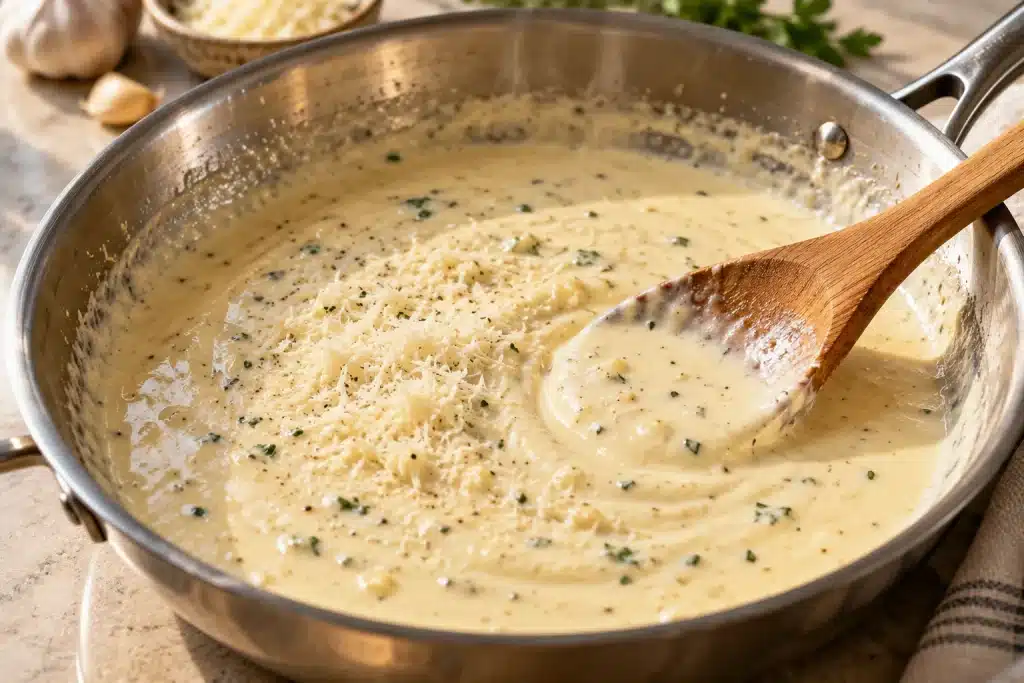 Chicken Pasta: Easy Creamy Garlic Parmesan Recipe in 30 Minutes 3 Creamy garlic Parmesan sauce simmering gently in a skillet for chicken pasta.