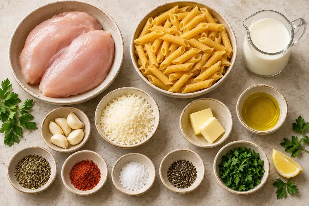 Chicken Pasta: Easy Creamy Garlic Parmesan Recipe in 30 Minutes 2 Chicken pasta ingredients including chicken breast, penne, garlic, Parmesan, cream, and herbs.