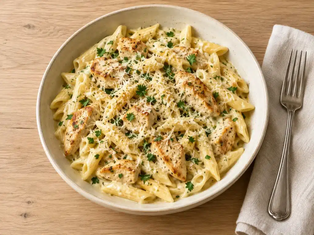 Chicken Pasta: Easy Creamy Garlic Parmesan Recipe in 30 Minutes 1 Creamy chicken pasta with golden chicken, penne, garlic Parmesan sauce, and fresh parsley.