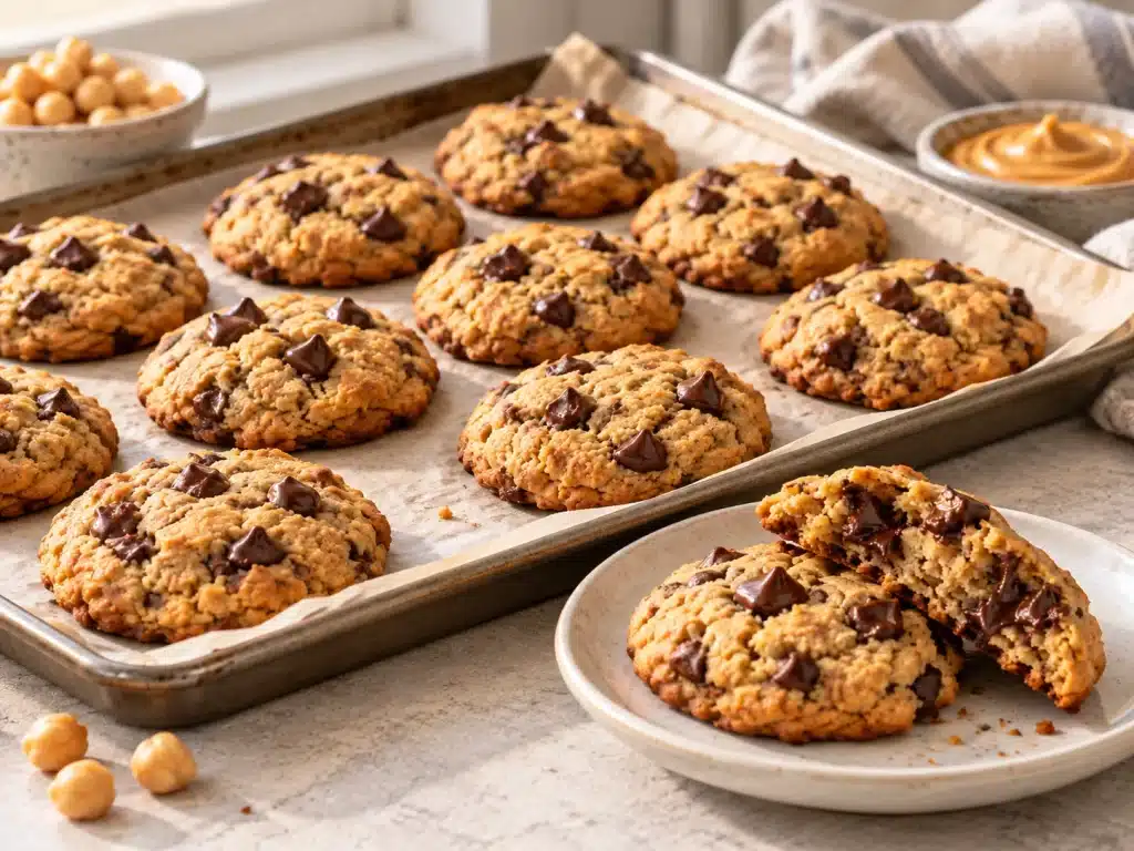 Soft chickpea cookies with peanut butter and chocolate chips on a ceramic plate