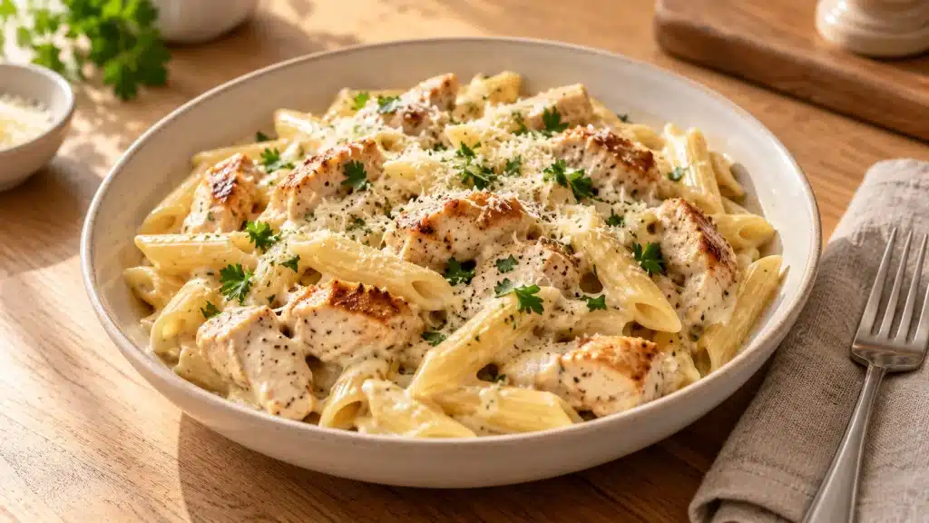 Chicken Pasta: Easy Creamy Garlic Parmesan Recipe in 30 Minutes 4 Creamy chicken pasta with golden chicken, penne, garlic Parmesan sauce, and fresh parsley
