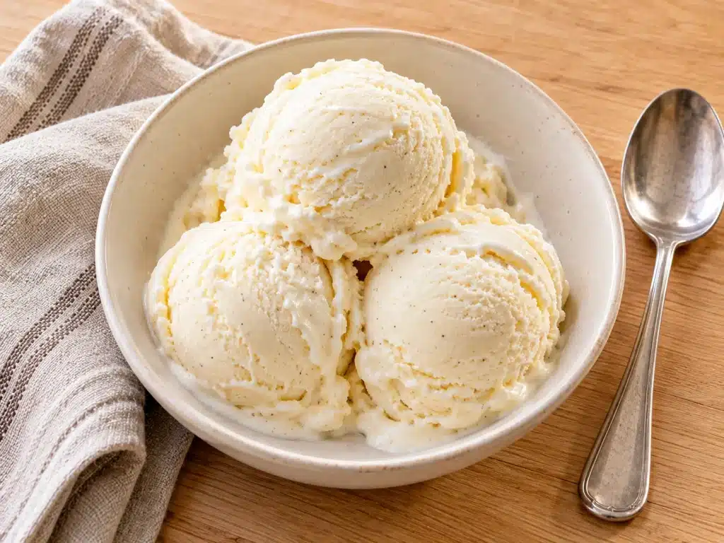 Creamy homemade Ninja Creami vanilla ice cream scoops in an ivory ceramic bowl