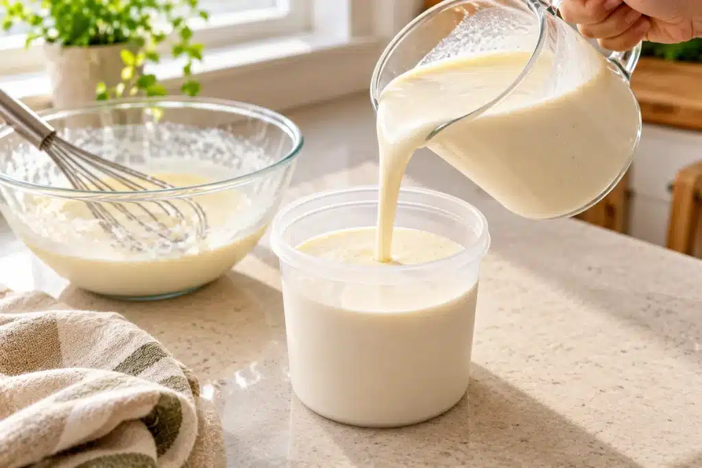 Ninja Creami Recipes: 7 Easy and Delicious Homemade Ice Cream Ideas 3 Ninja Creami recipes preparation with vanilla ice cream base poured into a pint