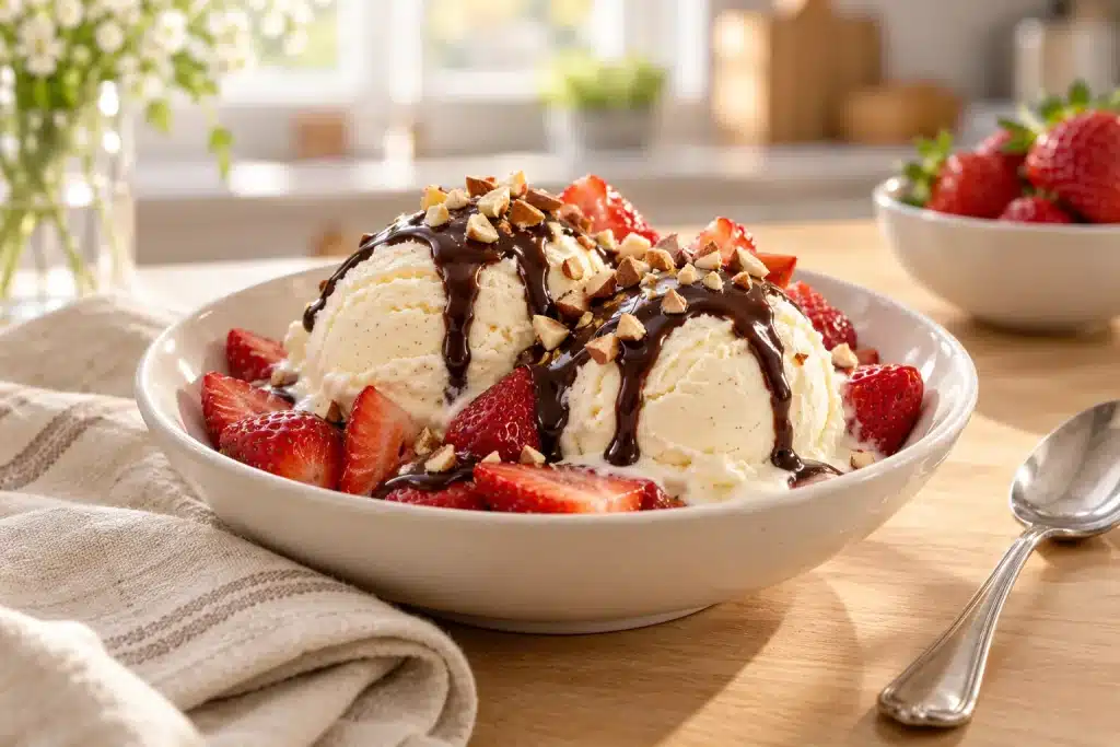 Ninja Creami Recipes: 7 Easy and Delicious Homemade Ice Cream Ideas 4 Ninja Creami recipes serving idea with vanilla ice cream strawberries and chocolate sauce